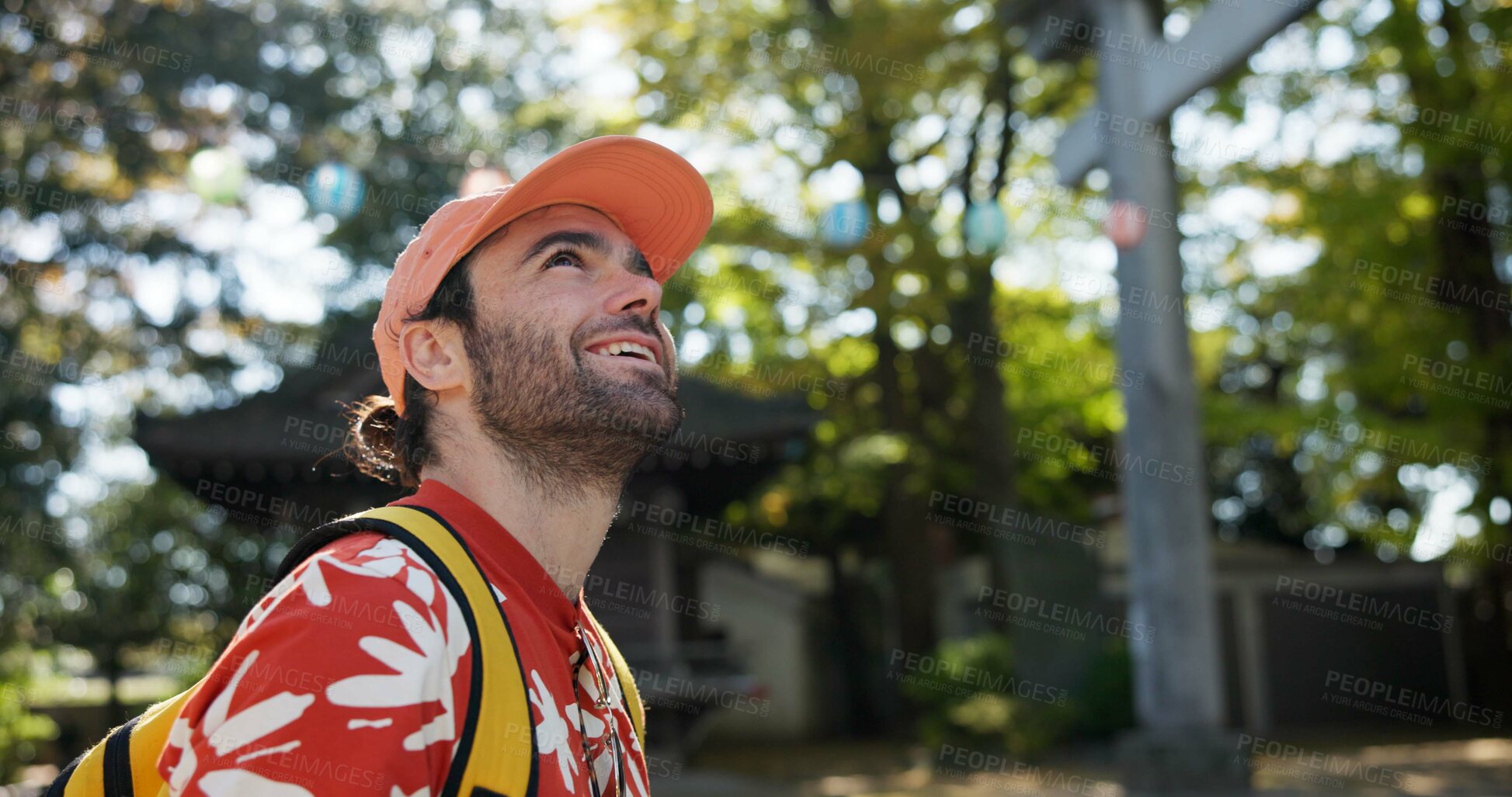 Buy stock photo Outdoor, thinking and man with a smile, travel and nature with sunshine, Japan and tourism. Person, park and guy with happiness, vacation and adventure with journey, getaway trip and exploration