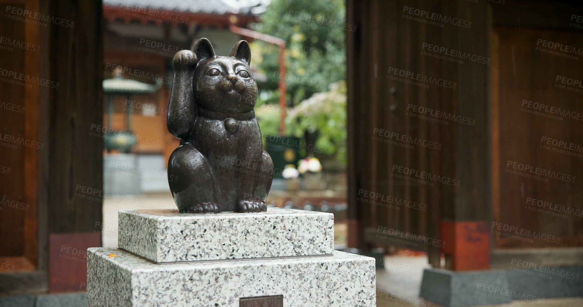 Buy stock photo Maneki neko, statue and Japanese or traditional temple at woods garden for respect, worship or spirituality. Sculpture, lucky cat and outdoor or traveling adventure in Tokyo, Gotokuji and fortune