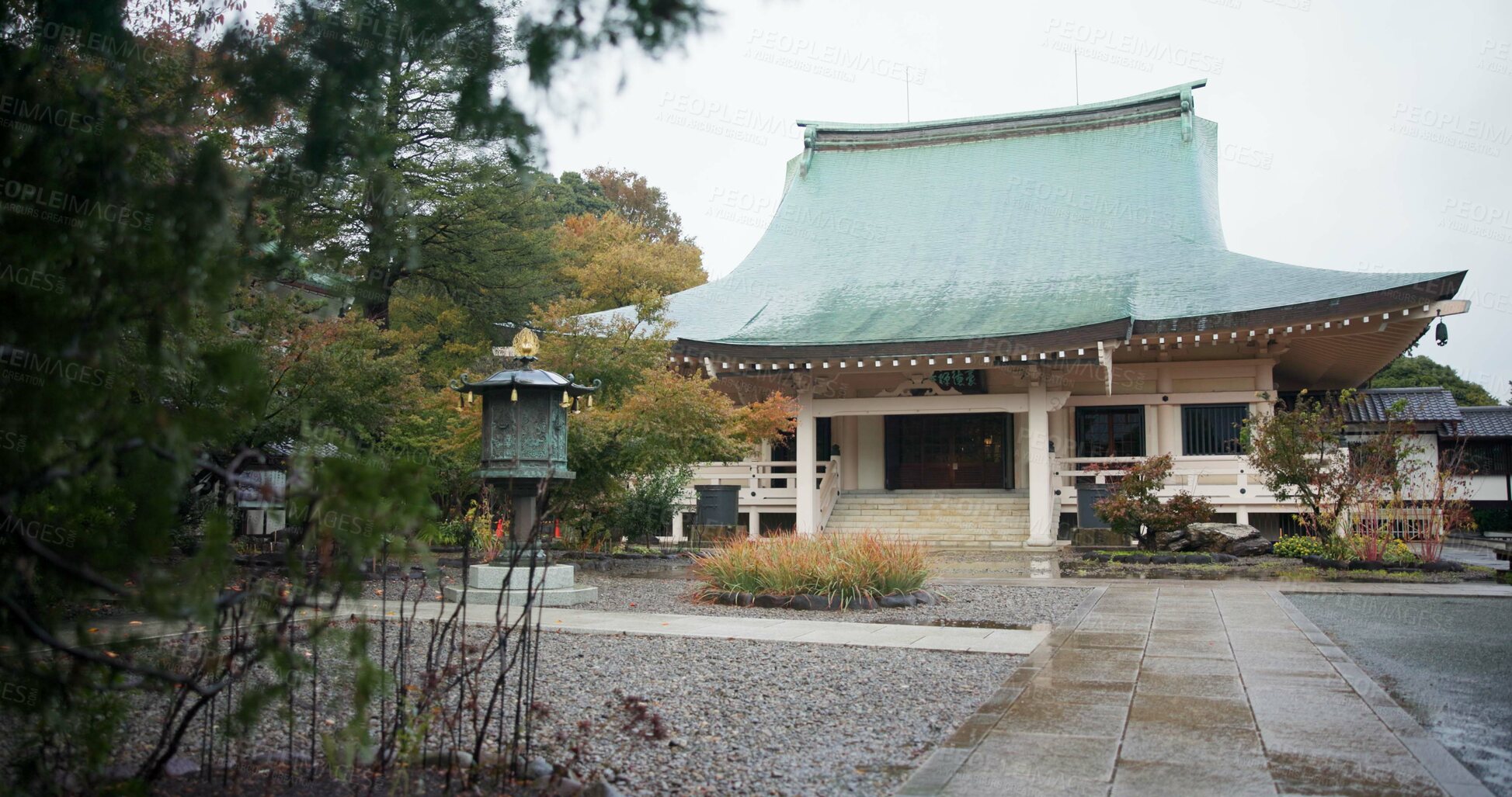 Buy stock photo Buddhist temple, japan and worship by culture for religion, praise and prayer building in town. Japanese architecture, spiritual hope and travel in peace in zen, meditation and wellness in tokyo city