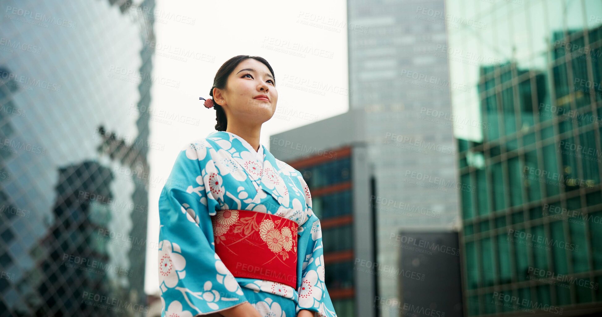 Buy stock photo Thinking, Japanese woman and ideas with city, buildings and opportunity with wonder, relax and travel. Person, outdoor and girl in the streets, choice and calm with peace, commute and thoughts