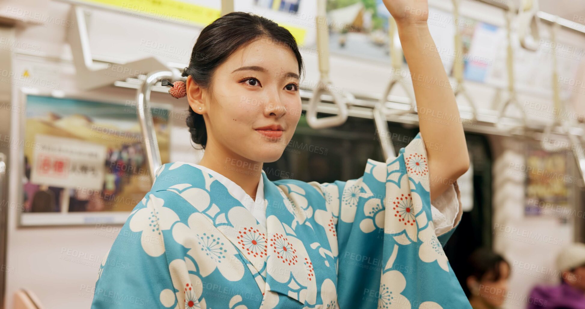 Buy stock photo Woman, japan and train, kimono and travel with public transport, metro bullet in city. Person, journey or traditional clothes in motion blur on weekend or commute in tokyo and passenger on adventure