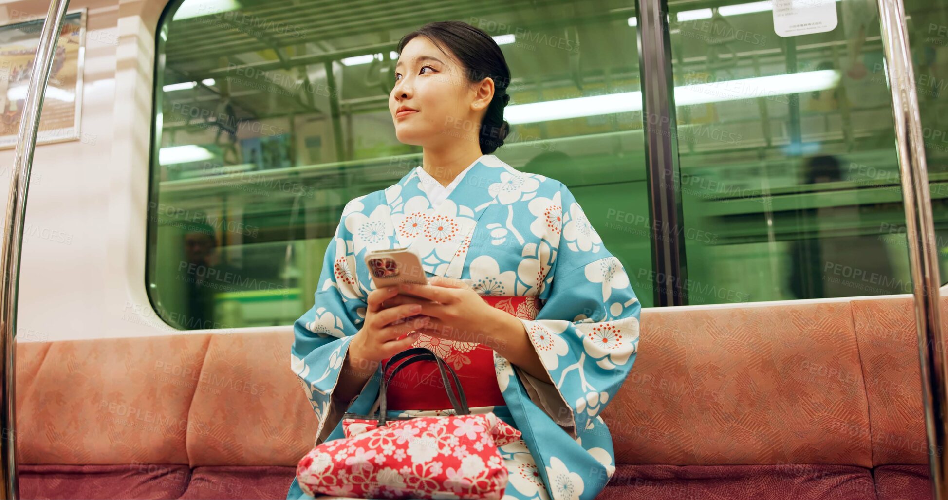 Buy stock photo Woman, japanese and train, phone and kimono with travel,  public transport and metro bullet in city. Person, journey or traditional clothes for fashion, weekend and commute in tokyo on adventure