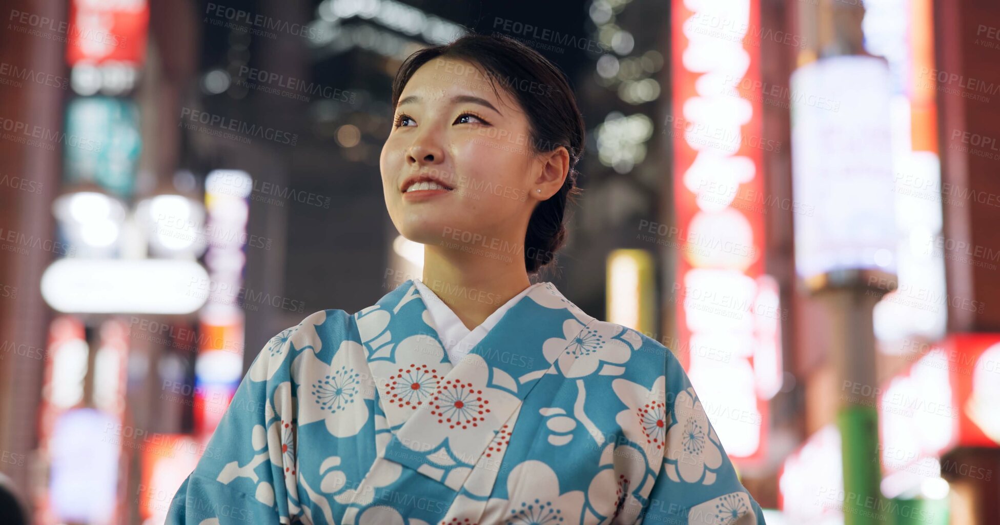 Buy stock photo Thinking, Japanese woman and smile with decision, travel and opportunity with wonder, night and lights. Person, outdoor and girl in the streets, relax and evening with peace, commute and thoughts