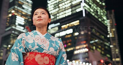 Buy stock photo Thinking, night and Japanese woman with ideas, decision, choice and opportunity with adventure, wonder and travel. Person, outdoor and girl in the streets, evening and commute with peace and thoughts