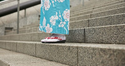 Buy stock photo Feet, stairs and person in Japanese kimono for travel, tourism or Tokyo sightseeing closeup. Sandals, steps and culture with tourist outdoor in clothes for tradition, vacation or holiday adventure