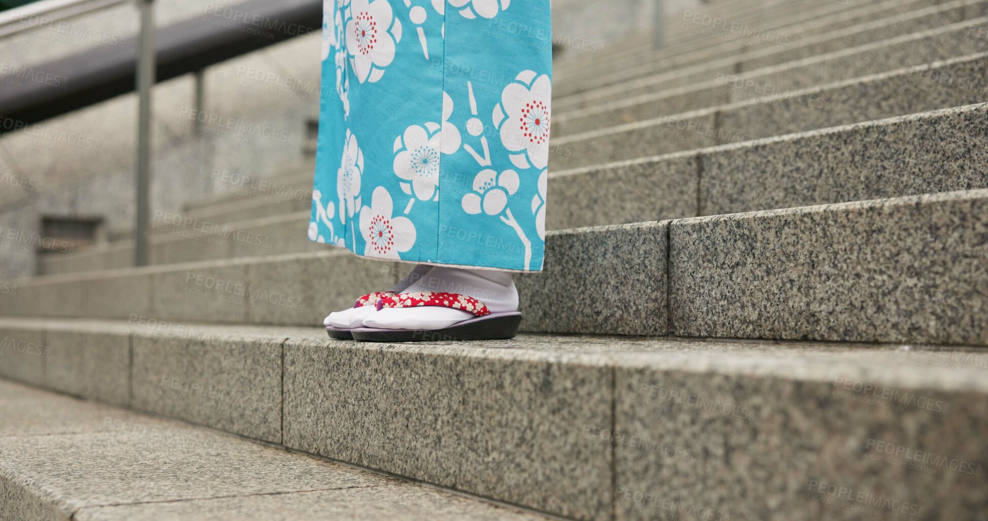 Buy stock photo Feet, stairs and person in Japanese kimono for travel, tourism or Tokyo sightseeing closeup. Sandals, steps and culture with tourist outdoor in clothes for tradition, vacation or holiday adventure