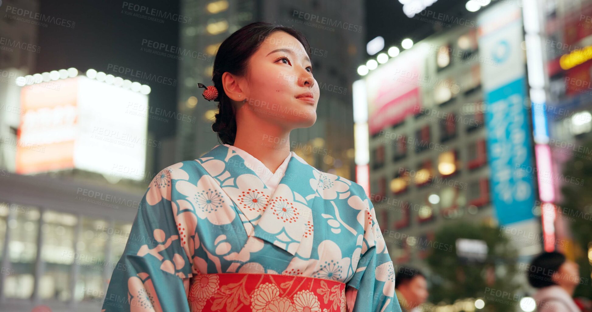 Buy stock photo Thinking, night and city with Japanese woman, journey and opportunity with traditional clothes, wonder or travel. Person, outdoor or girl in the streets, adventure or peace with thoughts or culture