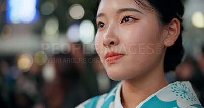 Buy stock photo Thinking, Japanese woman and ideas with decision, choice and opportunity with planning, wonder and travel. Person, outdoor and girl in the streets, relax and clam with peace, commute and thoughts