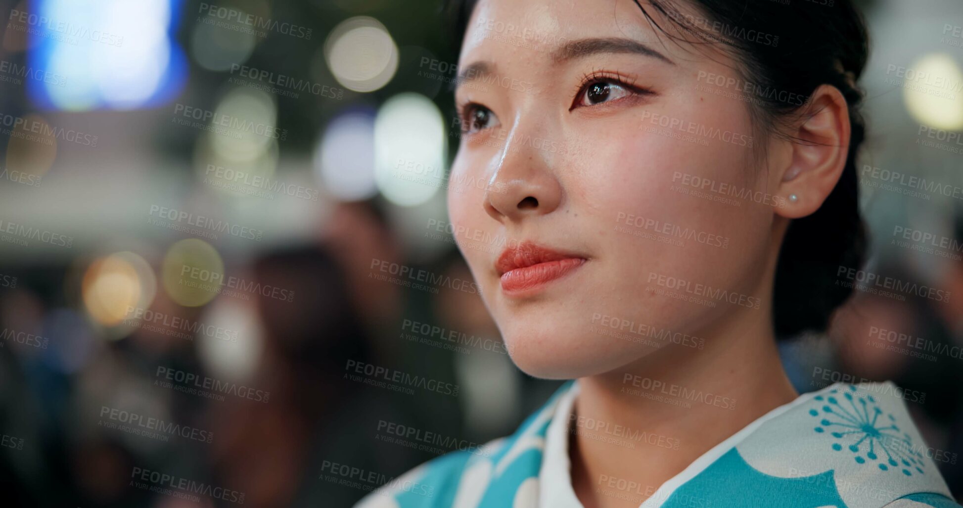 Buy stock photo Thinking, Japanese woman and ideas with decision, choice and opportunity with planning, wonder and travel. Person, outdoor and girl in the streets, relax and clam with peace, commute and thoughts