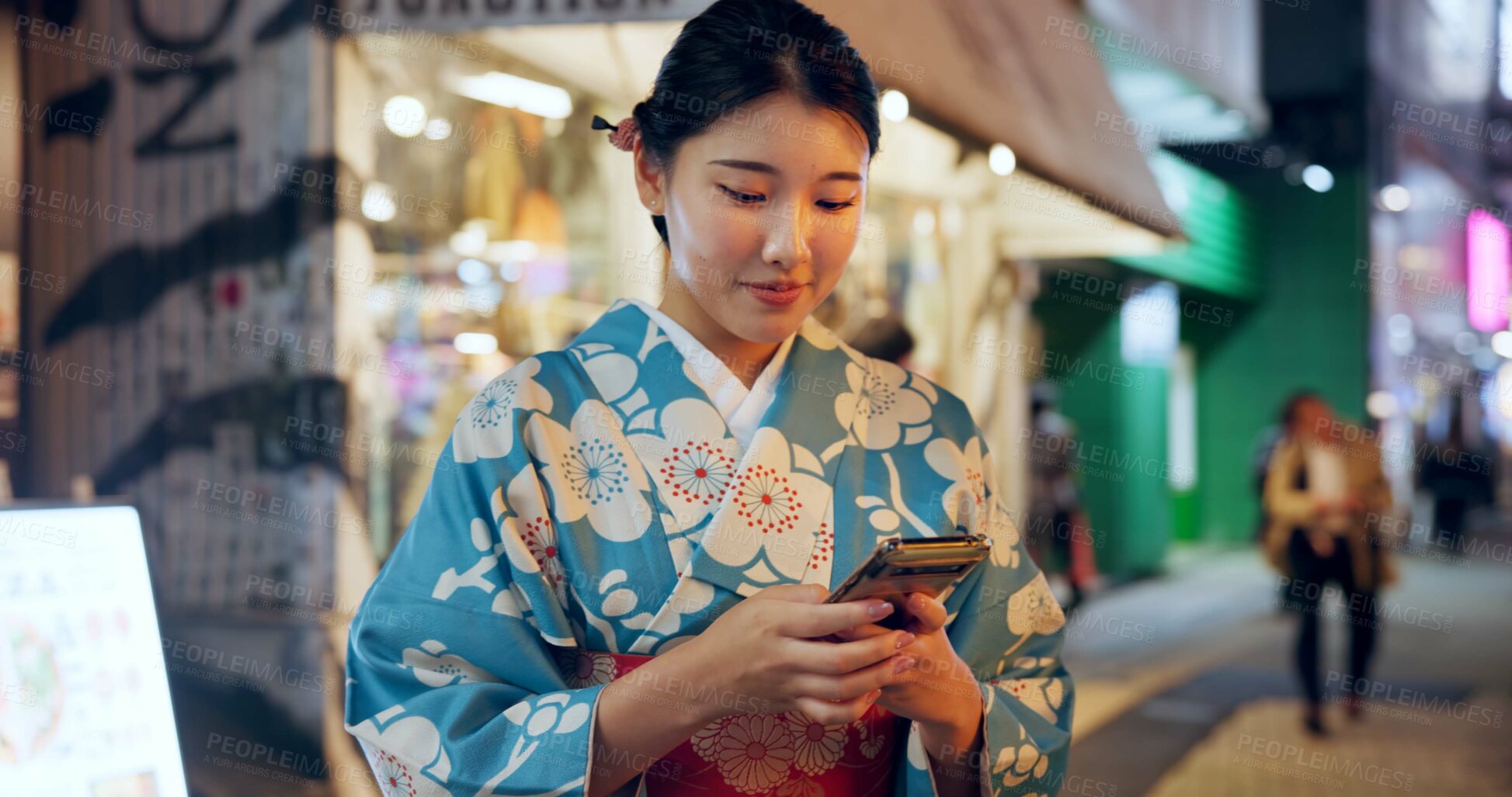 Buy stock photo Street, Japanese woman and cellphone with typing, internet or social media with traditional clothes. Person, outdoor or girl with smartphone, mobile user or contact with network, smile or digital app