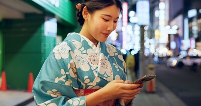 Buy stock photo Road, Japanese woman and smartphone with typing, contact or digital app with traditional clothes. Person, outdoor or girl with a cellphone, mobile user or smile with network, chatting or social media