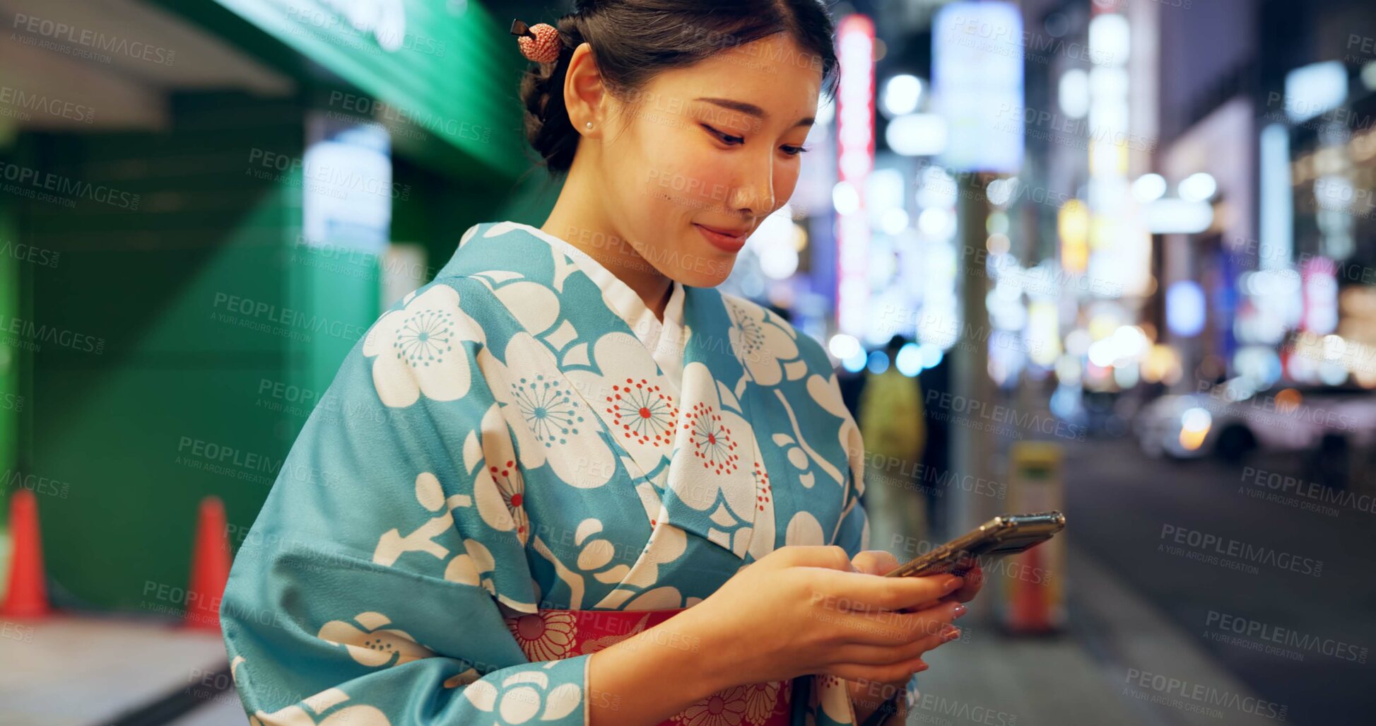 Buy stock photo Road, Japanese woman and smartphone with typing, contact or digital app with traditional clothes. Person, outdoor or girl with a cellphone, mobile user or smile with network, chatting or social media