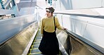 Woman, escalator and Japanese travel or journey destination booking, airport or holiday. Female person, Tokyo  and passenger or boarding international flight or adventure explore, vacation or tour