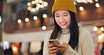 Phone, search and Japanese woman in city for travel, chat or map navigation outdoor. Smartphone, smile or happy lady person in Japan with app for location, guide or taxi, service or chauffeur request