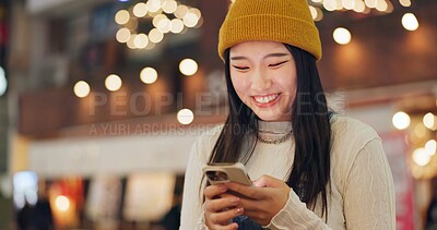 Buy stock photo Phone, search and Japanese woman in city for travel, chat or map navigation outdoor. Smartphone, smile or happy lady person in Japan with app for location, guide or taxi, service or chauffeur request