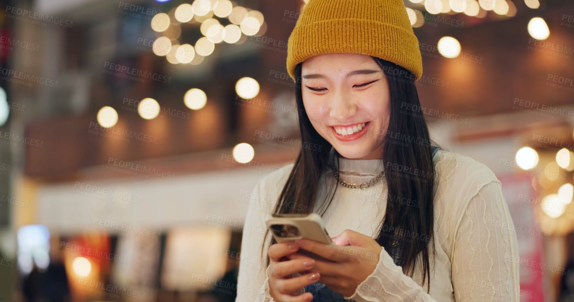 Buy stock photo Phone, search and Japanese woman in city for travel, chat or map navigation outdoor. Smartphone, smile or happy lady person in Japan with app for location, guide or taxi, service or chauffeur request