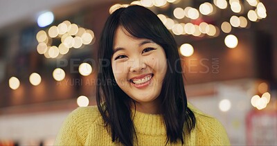 Buy stock photo Woman, Japanese and portrait in street for travel Tokyo for city destination, journey or happy. Female person, face and smile or road outdoor as light bokeh or holiday adventure, vacation or downtown