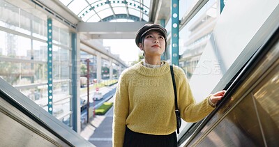 Buy stock photo Woman, escalator and Japanese holiday or journey destination booking, airport or travel. Female person, Tokyo  and passenger or boarding international flight or adventure explore, vacation or tour