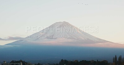 Buy stock photo Mount, fuji and volcano or Tokyo or Japanese nature explore or travel adventure in history, culture or journey. Hill, outdoor and skyline or environment location or destination, sightseeing or forest