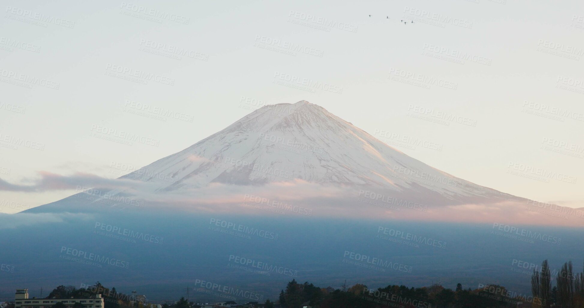 Buy stock photo Mount, fuji and volcano or Tokyo or Japanese nature explore or travel adventure in history, culture or journey. Hill, outdoor and skyline or environment location or destination, sightseeing or forest