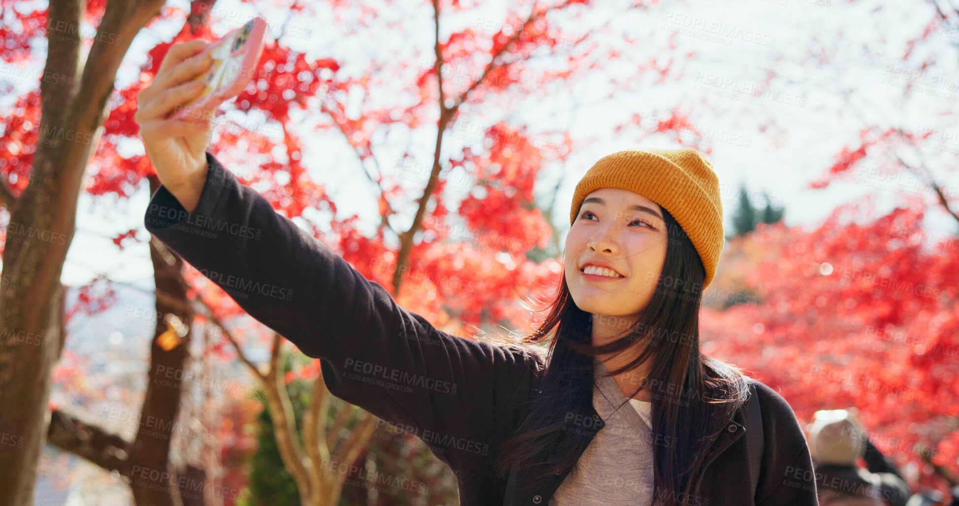 Buy stock photo Japanese, woman and selfie in autumn nature with trees, leaves or travel to forest in Kyoto. Red, rainforest and girl smile with smartphone in fall environment with colorful woods and zen garden