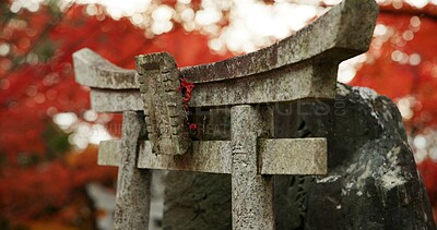 Buy stock photo Statue or shrine in forest with spiritual history, Japanese culture and vintage art in nature. Travel, landmark and stone nezu jinja sculpture in woods with stone monument, trees and worship to god