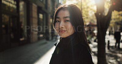 Buy stock photo Smile, portrait and Japanese woman in city for tourist sightseeing in the street on weekend trip. Happy, adventure and young female person commuting for travel in road of urban town in Kyoto Japan.