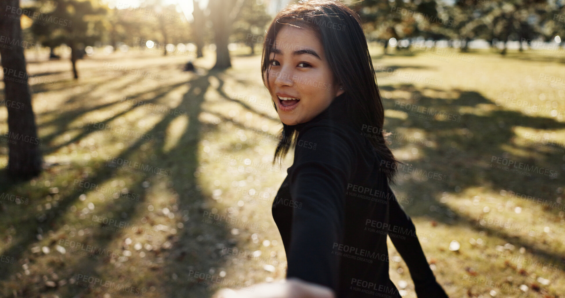 Buy stock photo Japanese woman, pov and hand on walk, portrait and smile in park to show path, nature and trees. Girl, person and outdoor with grass, lawn and plants for freedom, adventure or travel journey in Tokyo