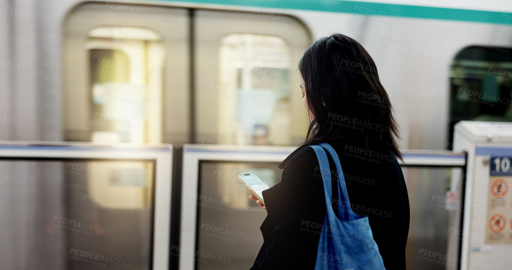Buy stock photo Woman, train travel and phone with back, bag and journey on metro railway with typing for web chat. Girl, person and smartphone with click, contact or social network app on public transport system