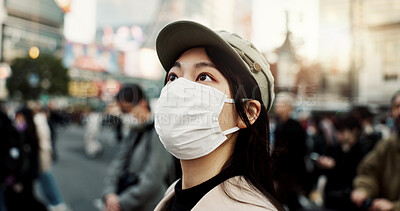 Buy stock photo Virus, Japan and woman in travel with face mask for health and on city background. Compliance, safety for japanese female person outdoors with facial protection for corona or covid pandemic on street