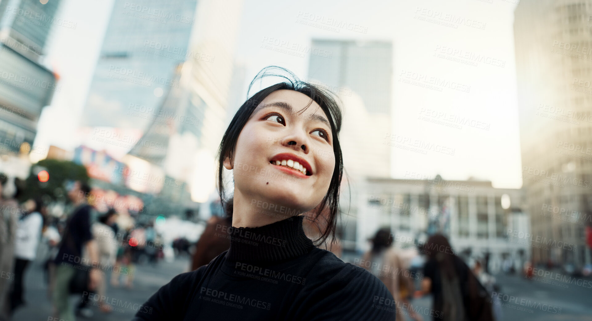 Buy stock photo Walking, happy and Japanese woman in the city for tourist sightseeing in the street on weekend trip. Smile, adventure and young female person commuting for travel in road of urban town in Kyoto Japan