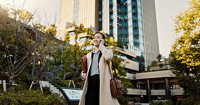 Buy stock photo City, phone call and woman with business, conversation and walking with network, digital app or communication. Japan, person or worker with a smartphone, connection and speaking with contact or smile