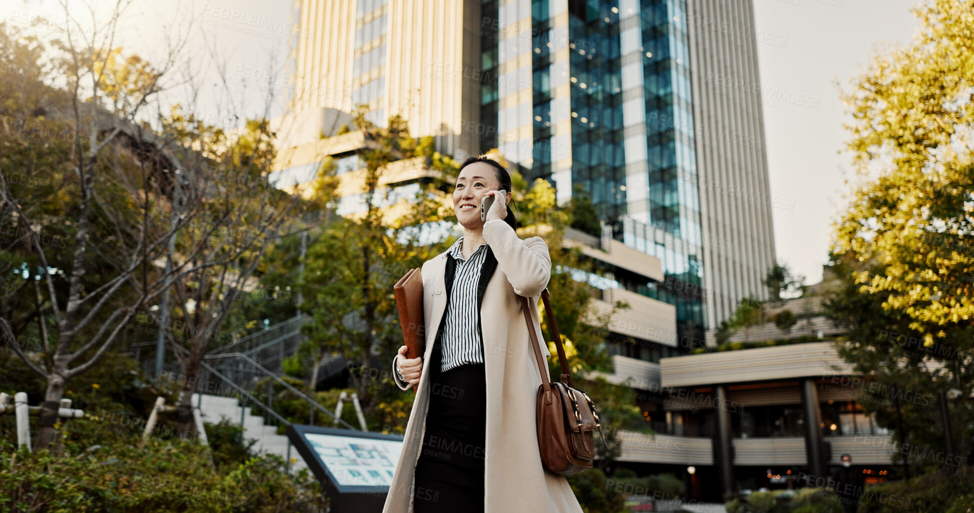 Buy stock photo City, phone call and woman with business, conversation and walking with network, digital app or communication. Japan, person or worker with a smartphone, connection and speaking with contact or smile