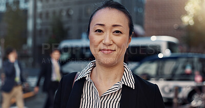 Buy stock photo Business, happy and portrait of Japanese woman in city for morning commute, travel and walking. Professional, corporate and worker with ambition, pride and confident for career, work and job in Tokyo