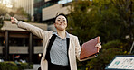 City, business and woman with celebration, smile and achievement with winner, promotion and excited. Japan, person and employee with b2b deal, victory and winning with documents, freedom or happiness