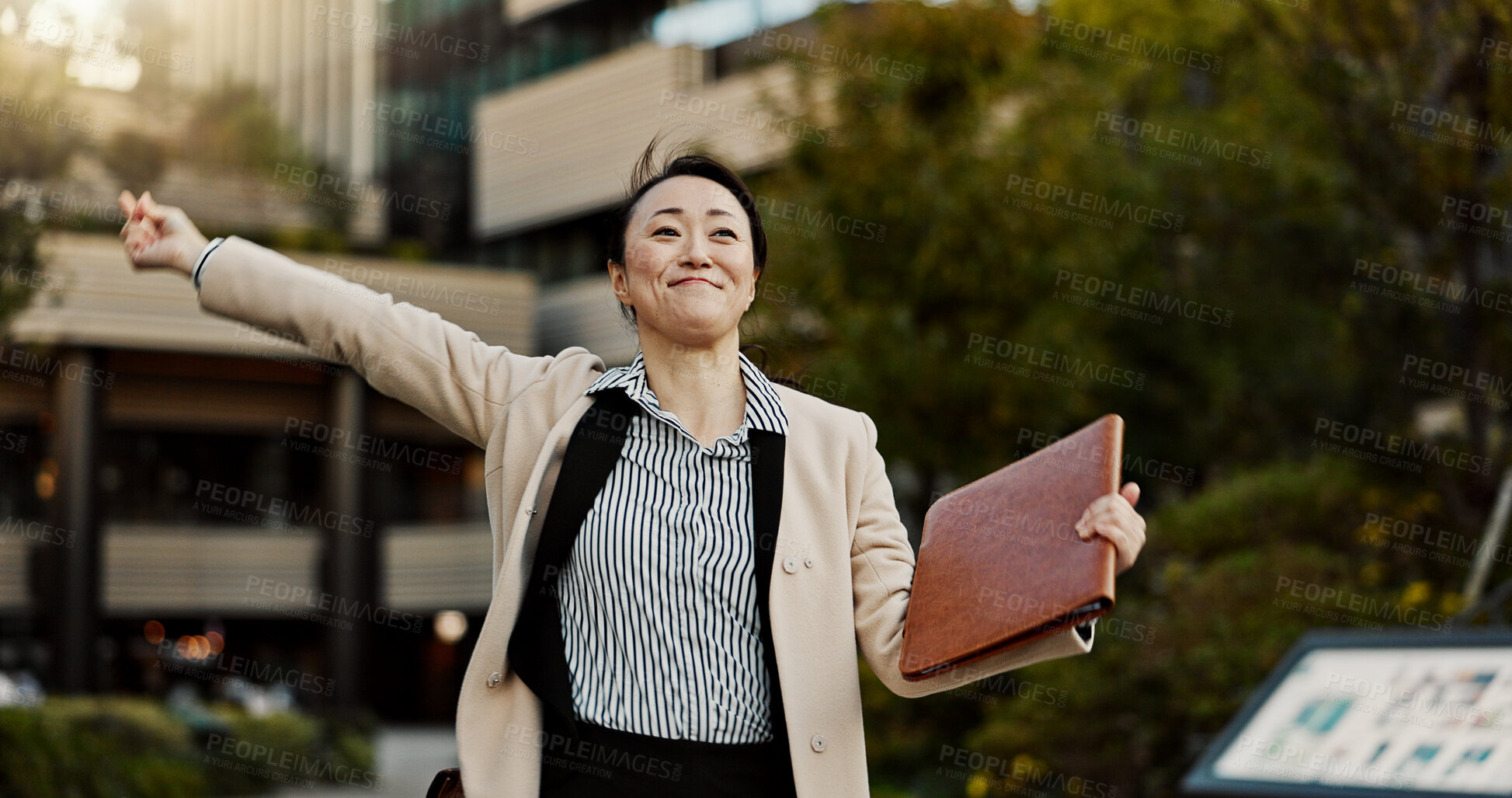 Buy stock photo City, business and woman with celebration, smile and achievement with winner, promotion and excited. Japan, person and employee with b2b deal, victory and winning with documents, freedom or happiness