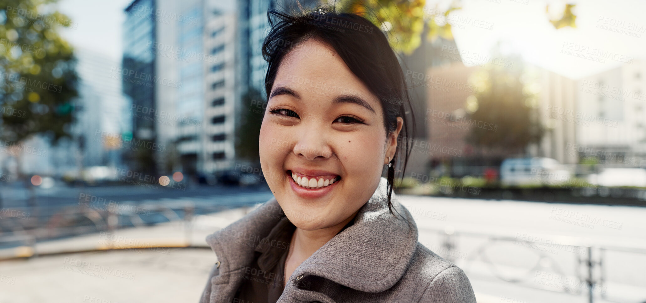 Buy stock photo Business, city and portrait of Japanese happy woman for morning commute, travel and walking. Professional, corporate and worker with ambition, pride and confident for career, work and job in Tokyo