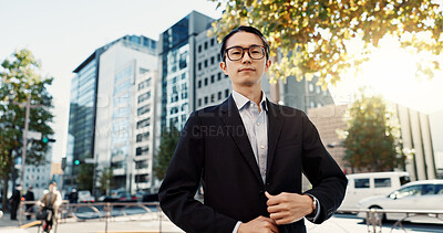 Buy stock photo Businessman, portrait and confidence in city street as broker in financial market, professional or Tokyo. Male person, face and corporate career outside business building or sidewalk, worker or pride