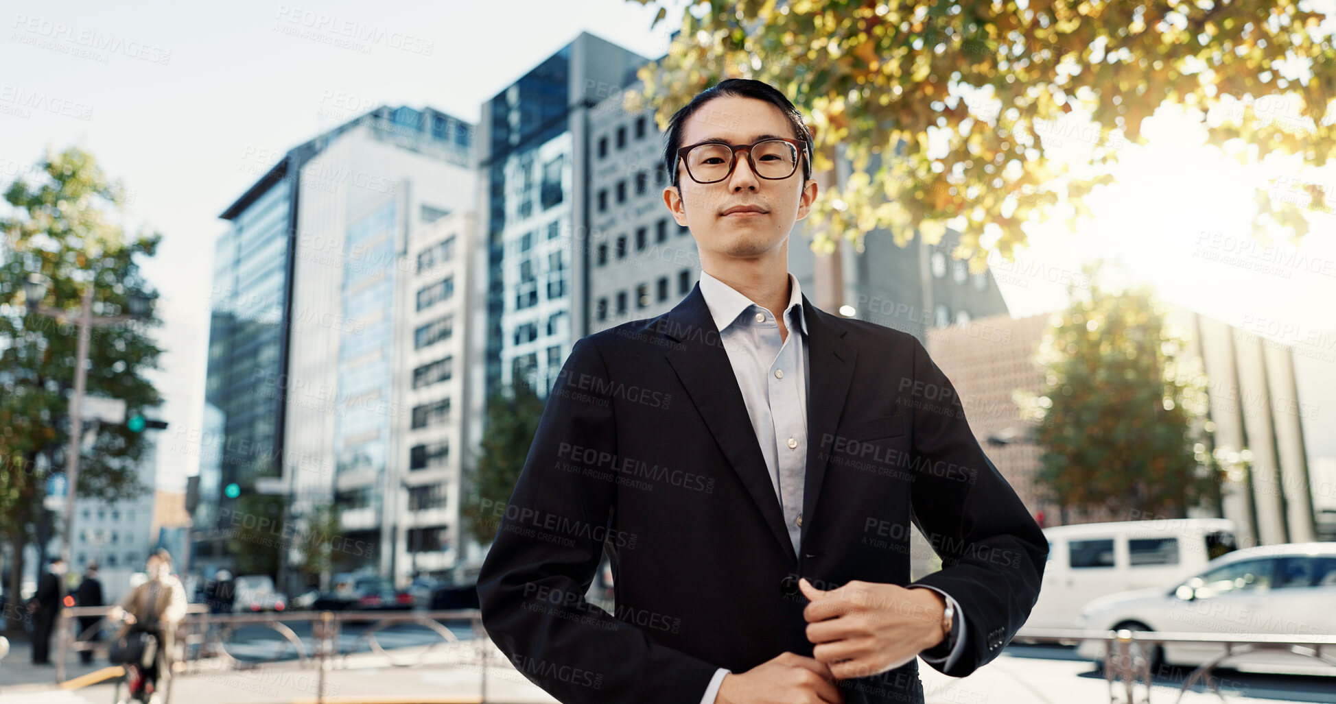 Buy stock photo Businessman, portrait and confidence in city street as broker in financial market, professional or Tokyo. Male person, face and corporate career outside business building or sidewalk, worker or pride