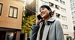 City, phone call and woman with business, smile and walking with network, conversation and communication. Japan, person or worker with a smartphone, connection or speaking with contact or digital app