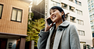 City, phone call and woman with business, smile and walking with network, conversation and communication. Japan, person or worker with a smartphone, connection or speaking with contact or digital app