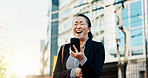 Japanese woman, phone call and funny in city with laugh, chat and networking on metro sidewalk. Business person, employee and speaker with smartphone, comic conversation or talking on street in Tokyo