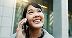 City, phone call and woman with business, employee and walking with network, urban town and communication. Japan, person or worker with a cellphone, connection or speaking with contact or digital app