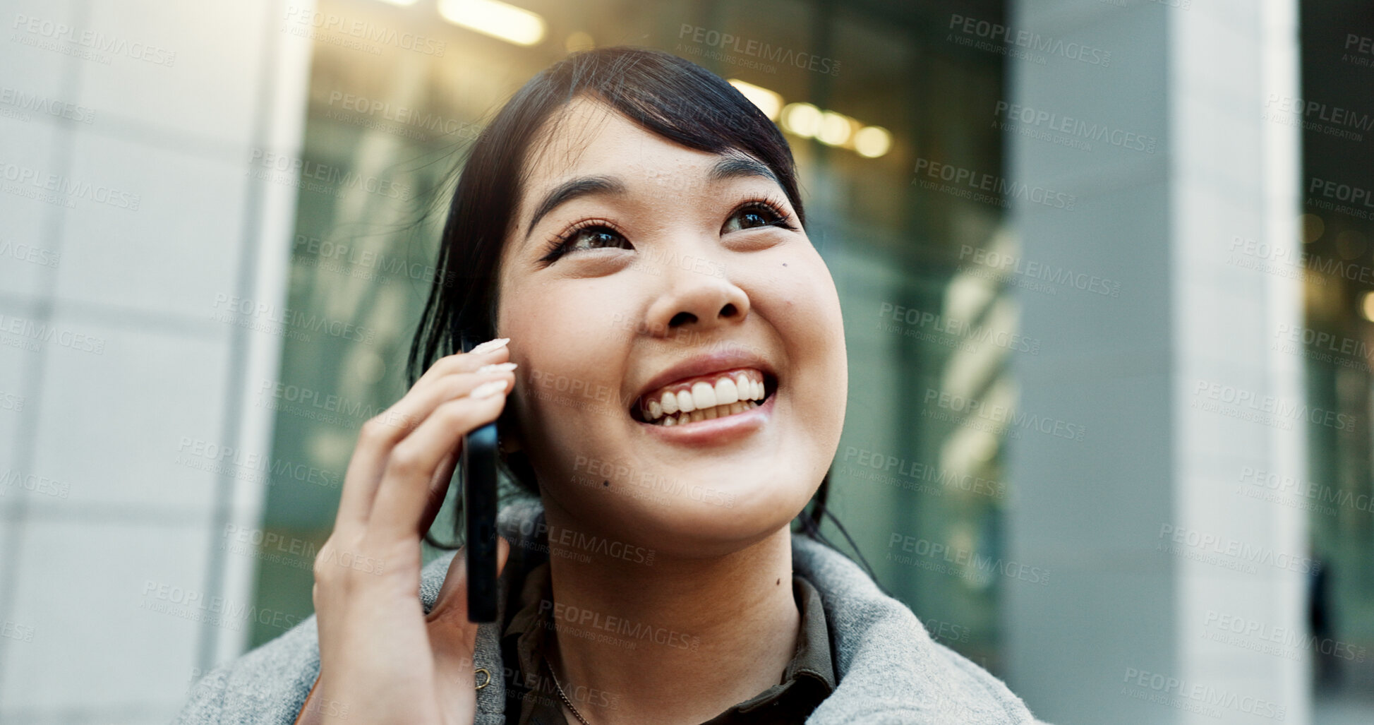 Buy stock photo City, phone call and woman with business, employee and walking with network, urban town and communication. Japan, person or worker with a cellphone, connection or speaking with contact or digital app
