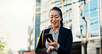 City, business and woman with smartphone, excited and typing with connection, social media and digital app. Japan, person and worker with cellphone, email and reading a blog with contact and travel