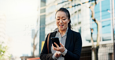 Buy stock photo City, business and woman with smartphone, excited and typing with connection, social media and digital app. Japan, person and worker with cellphone, email and reading a blog with contact and travel
