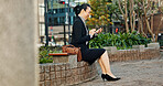 City, business and woman with smartphone, smile and typing with connection, online news and digital app. Japan, person and entrepreneur with cellphone, network and reading a blog with contact or text