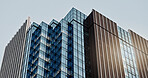 Building, skyscraper and city or window apartment in urban Tokyo or infrastructure, architecture or development landscape. Cityscape, modern and business office or housing, structure or accommodation
