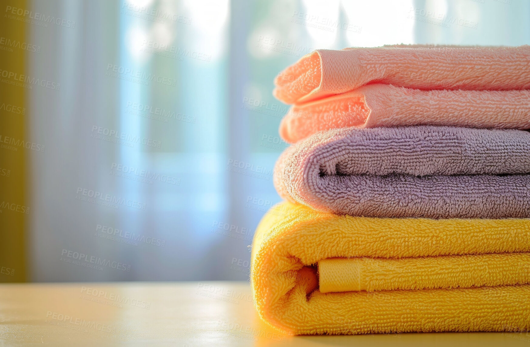 Buy stock photo Hotel towel, laundry and clean fabric background for laundromat business, detergent or hygiene. Colourful, neat and stacked fluffy textile for washing softener, cleaning service and eco friendly