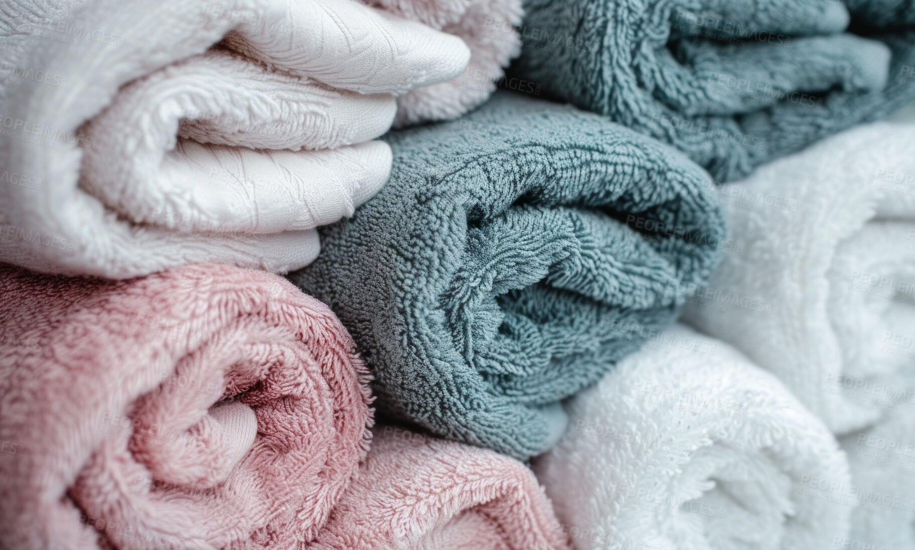 Buy stock photo Hotel towel, laundry and clean fabric background for laundromat business, detergent or hygiene. Colourful, neat and stacked fluffy textile for washing softener, cleaning service and eco friendly